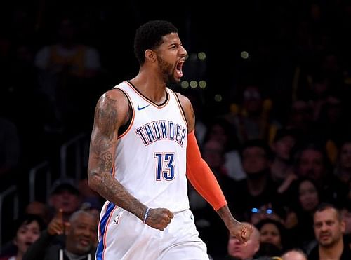 Paul George celebrating during the Thunder's game against the Los Angeles Lakers earlier this season