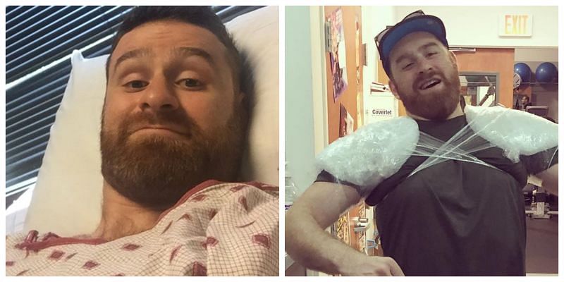 Left: Sami Zayn before his surgery. Right: Sami Zayn recovering with ice packs on his shoulder.