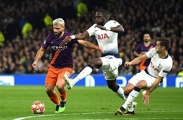 Sergio Aguero of Manchester City along with Moussa Sissoko and Harry Winks of Spurs