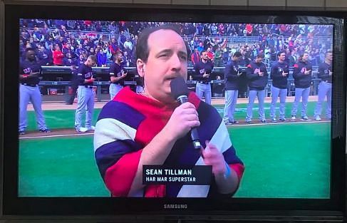 Sean Tillman (a.k.a Har Mar Superstar) blessed the crowd with the national anthem ahead of the Twins&#039; home opener/ Photo Credit: Rodney Skyhook