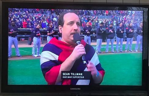 Sean Tillman (a.k.a Har Mar Superstar) blessed the crowd with the national anthem ahead of the Twins' home opener/ Photo Credit: Rodney Skyhook