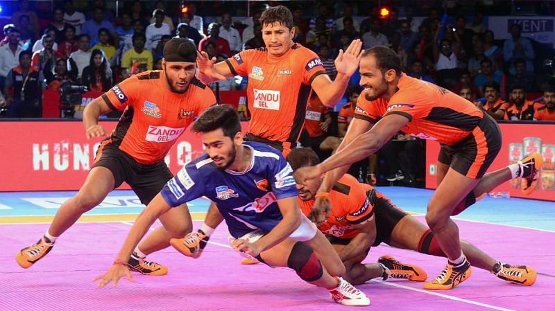 Surender Singh (first from left) is perhaps the most aggressive cover defender in the Pro Kabaddi League