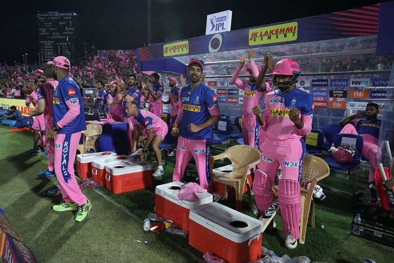 The Rajasthan Royals dugout after Stuart Binny hit the winning runs. Image Courtesy: IPLT20/BCCI