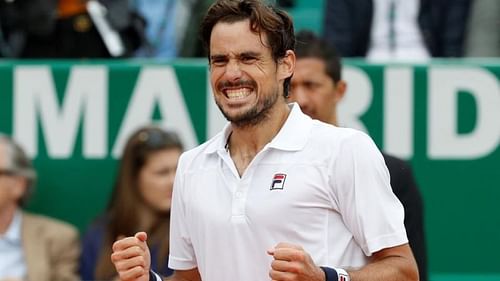 Guido Pella celebrating his victory over Marin Cilic in the second round of Monte Carlo Masters