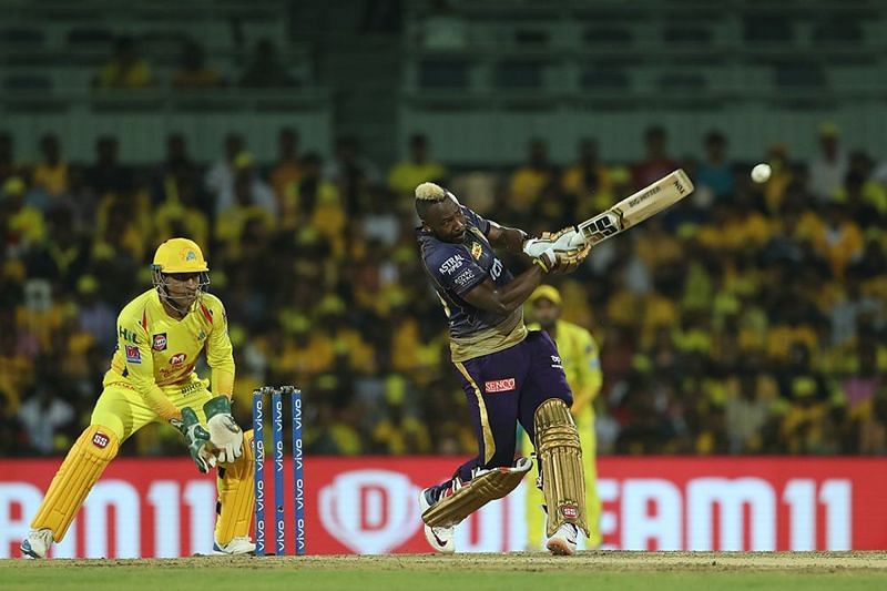 MS Dhoni(L) will have to come up with a plan to stop Andre Russell(R). (Image Courtesy: IPLT20)