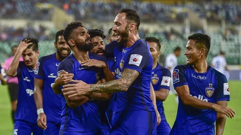 CK Vineeth and Chennaiyin FC players celebrate