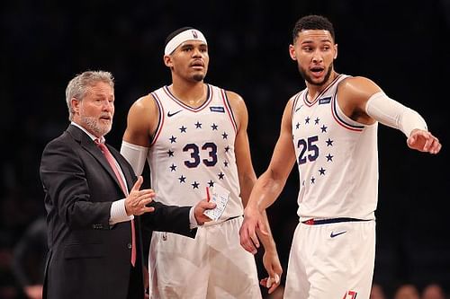 Head Coach Brett Brown with Tobias Harris and Ben Simmons