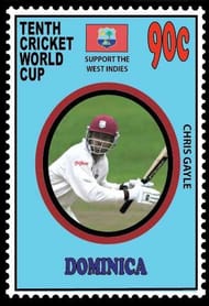 CHRIS GAYLE FEATURING ON A STAMP OF DOMINICA FOR 2011 CRICKET WORLD CUP