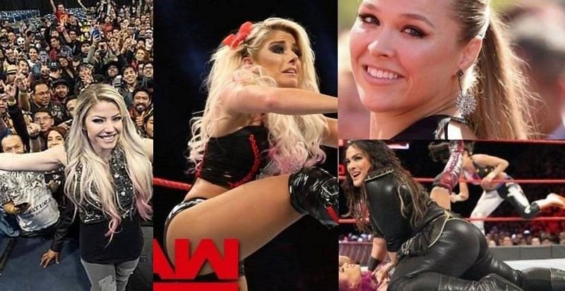 Alexa Bliss and Nia Jax were involved in a heated feud over the RAW Women&#039;s Title last year, before Ronda Rousey (top right) entered the fray