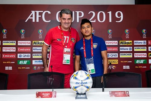 Chennaiyin FC coach John Gregory with left-back Jerry Lalrinzuala