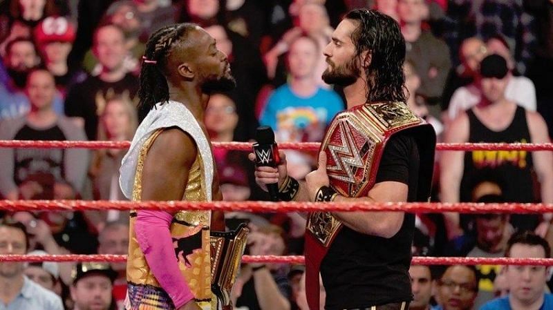 Kofi Kingston (WWE Champion) and Seth Rollins ( Universal Champion) tease a title unification match.