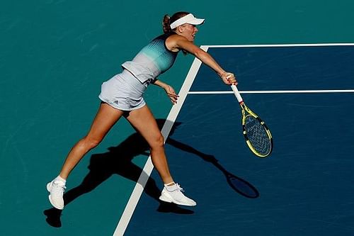 Wozniacki in action on Day 8 of this year's Miami Open