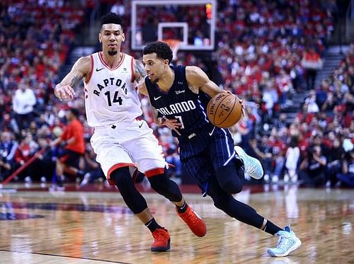 Toronto's Danny Green chasing Michael Carter-Williams of the Orlando Magic during Game One