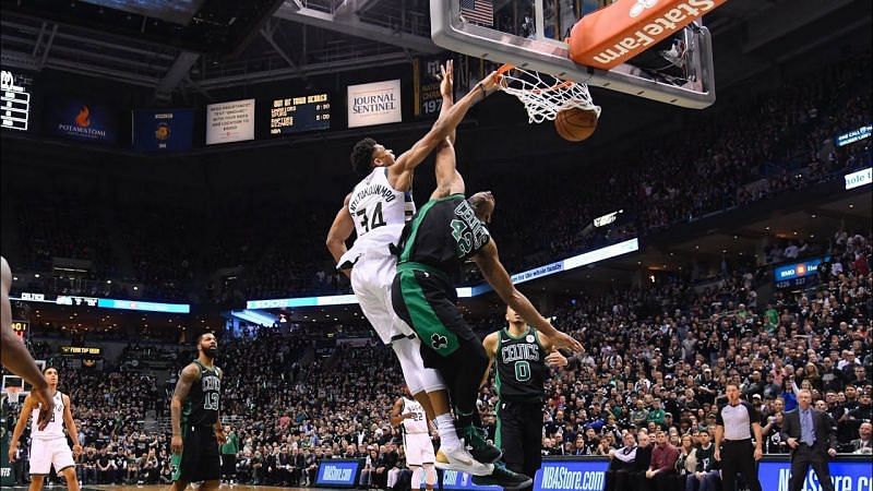 The Greek Freak showing his supremacy over Celtics