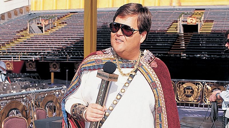 Jim Ross--in a Roman Toga--welcomes fans to Wrestlemania IX.