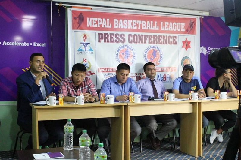 Organizers of Nepal Basketball League during the press meet held at Kathmandu, Nepal.