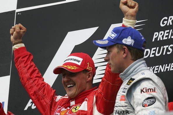 German racing icon Michael Schumacher with The Iceman of F1