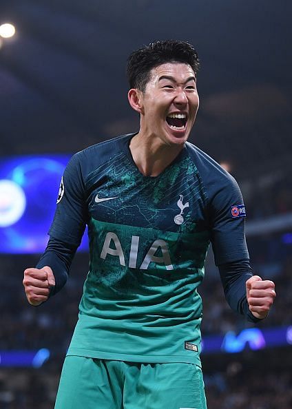Heung-min Son celebrates one of his goals as Tottenham beat Manchester City on away goals