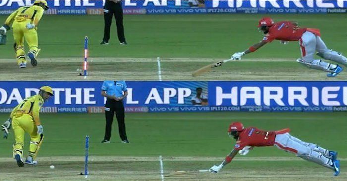 KL Rahul, despite being short of his crease, survives because the bails are not dislodged.