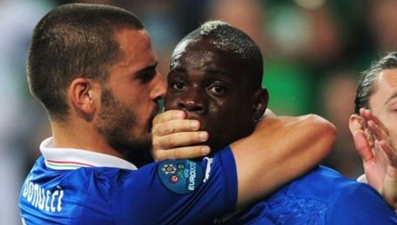 Bonucci covers Balotelli&#039;s mouth during a Euro 2012 match