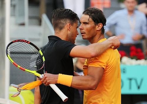 Dominic Thiem and Rafael Nadal after their quarter-final match at the Madrid Open 2018