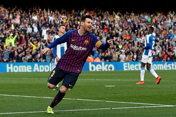 Messi celebrates a goal for FC Barcelona