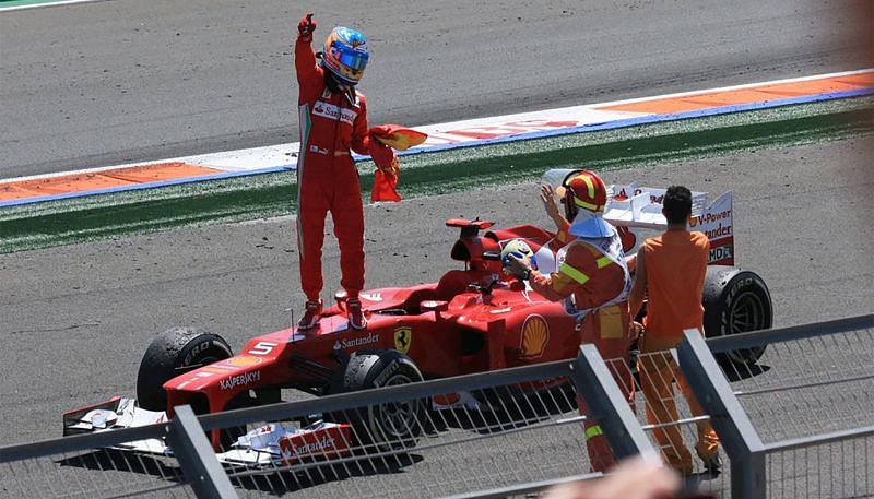 A A jubilant Alonso after winning starting from 11th on the grid