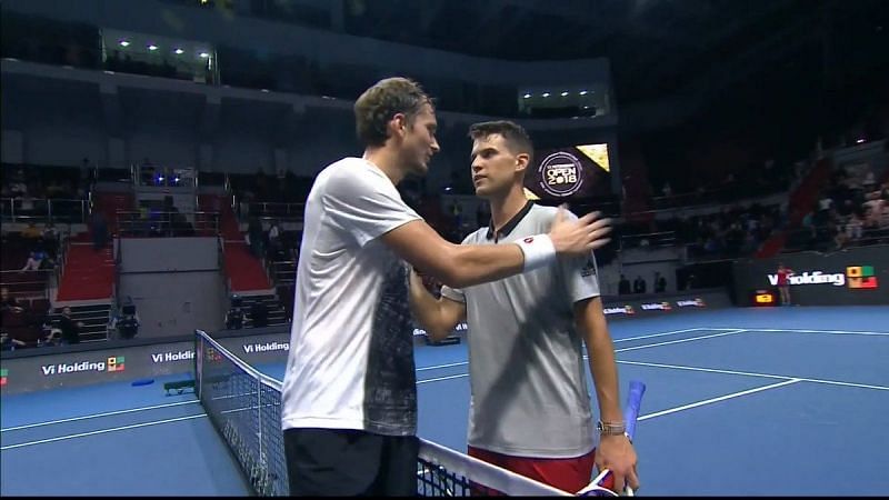 Dominic Thiem and Daniil Medvedev after their quarter-final match in St Petersburg in 2018