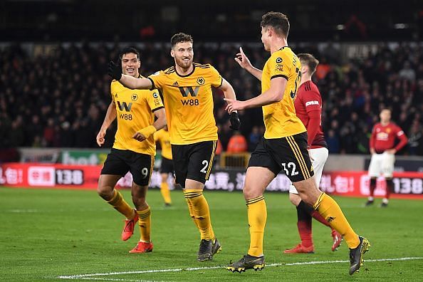 Wolves players celebrate after the second goal