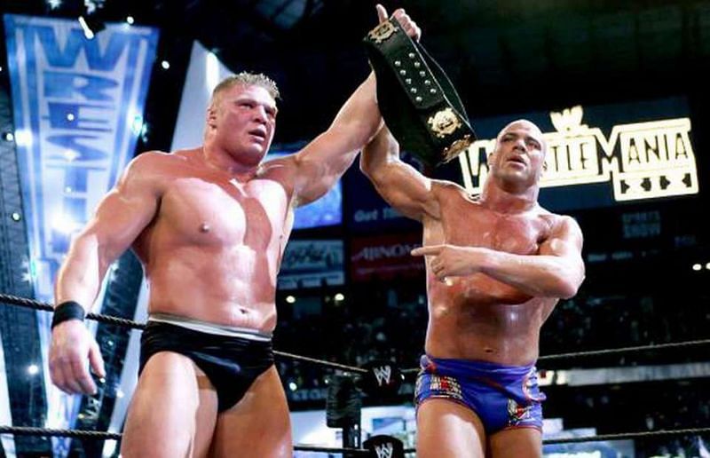 Lesnar and Angle at WrestleMania 19