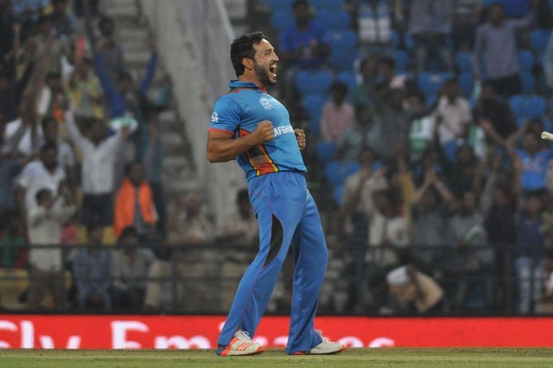 Nagpur: Hamid Hassan of Afghanistan celebrates fall of a wicket during a WT20 match between West Indies and Afghanistan at Vidarbha Cricket Association Stadium, Jamtha in Nagpur on March 27, 2016.