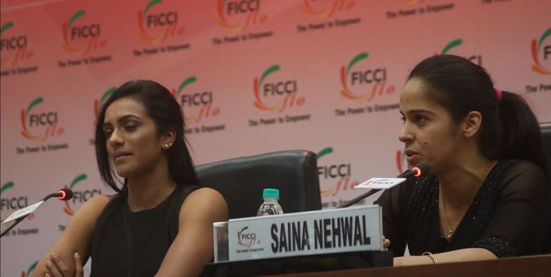 New Delhi: Indian badminton players Saina Nehwal and PV Sindhu during a felecitation programme organised by FICCI in New Delhi on May 5, 20128. (Photo: Bidesh Manna/IANS)