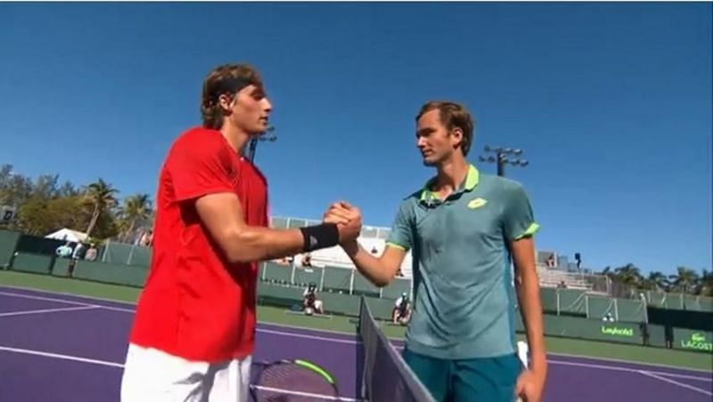 Tsitsipas and Medvedev after their first round match-up in Miami Open 2018