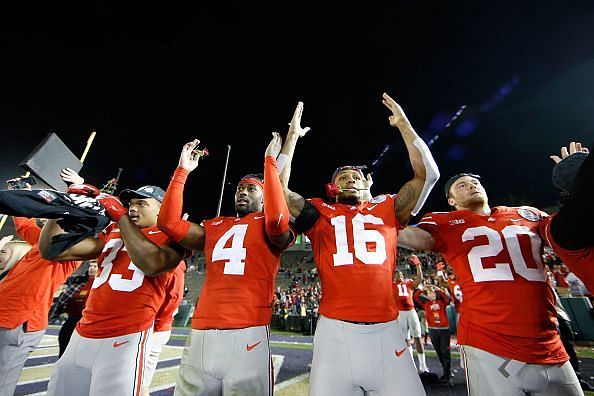 Jubilant Ohio State players after winning the 2019 Rose Bowl
