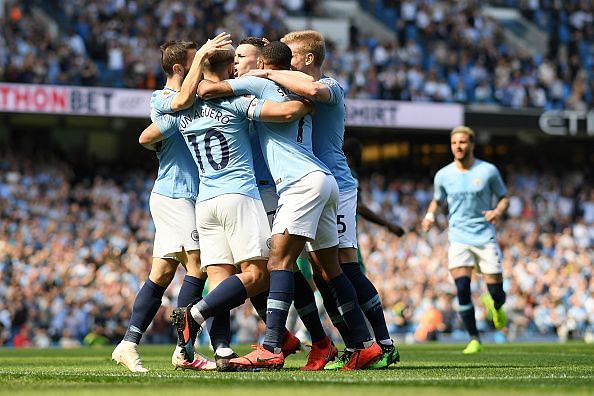 Manchester City players celebrate after Phil Foden&#039;s goal against Tottenham Hotspur during their Premier League match at the Etihad Stadium on Saturday