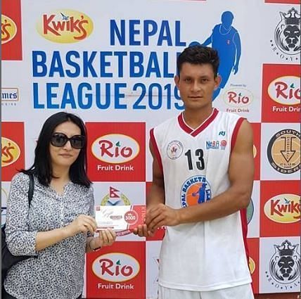 Player of the match Ramkrishna Ghotane (Right) of Nepal Army Club netted 17 points &amp; took 10 rebounds