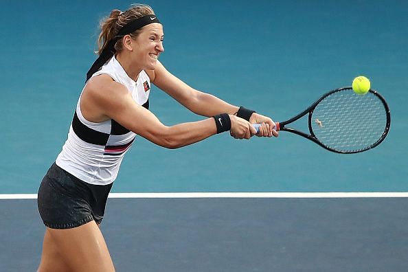 Victoria Azarenka swings for the return during her match at the GNP Seguros Monterrey