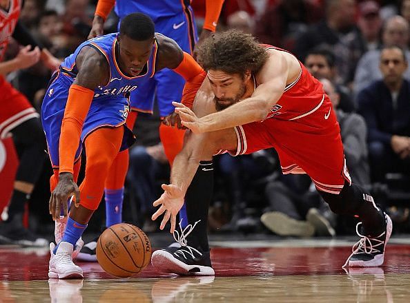 Robin Lopez clashed with Jerami Grant during the Bulls defeat to OKC earlier this season