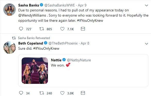 Why did both Beth Copeland and Sasha Banks use the same hashtag?