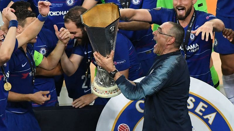 Chelsea boss Maurizio Sarri with the Europa League trophy