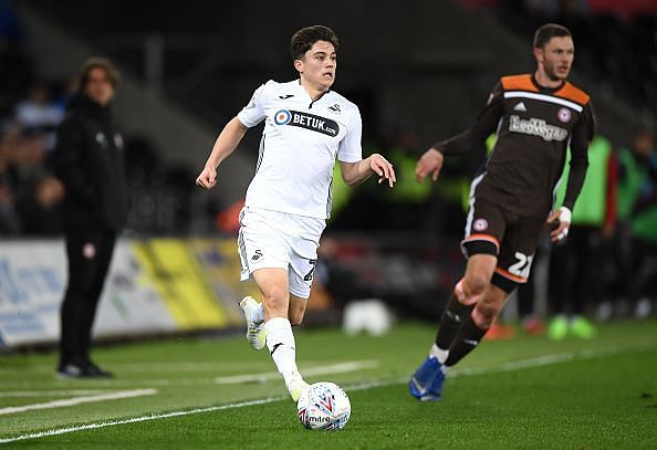 Daniel James in action for Swansea City v Brentford - Sky Bet Championship