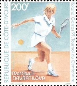 A stamp issued by Ivory Coast on Martina Navratilova.