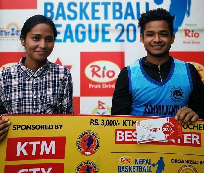 Biraj Rana (R) of Budhanilkantha Municipality Basketball Club was declared man of the match