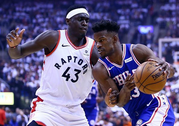 Pascal Siakam guarding Jimmy Butler