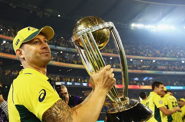 Michael Clarke with the 2015 ICC Cricket World Cup Trophy