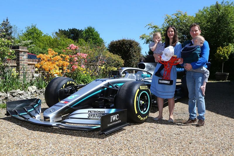 Hamilton&#039;s Mercedes F1 car at the little boy&#039;s house