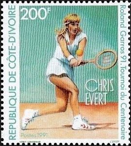 A stamp issued by Ivory Coast featuring Chris Evert during the French Open centenary in 1991.