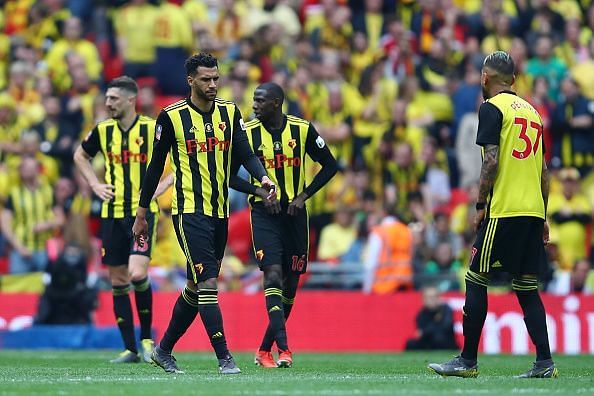 Pereyra (far right) missed a great opportunity at 0-0 to give Watford the lead, which led to their downfall