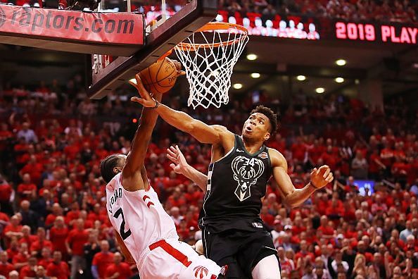 Milwaukee Bucks star Giannis Antetokounmpo going up against Kawhi Leonard of the Toronto Raptors in game 6 of the Eastern Conference Finals. Raptors beat Bucks 100-96 to advance to the NBA Finals.