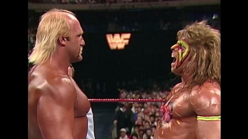 Ultimate Warrior faces off against Hulk Hogan at Wrestlemania 6
